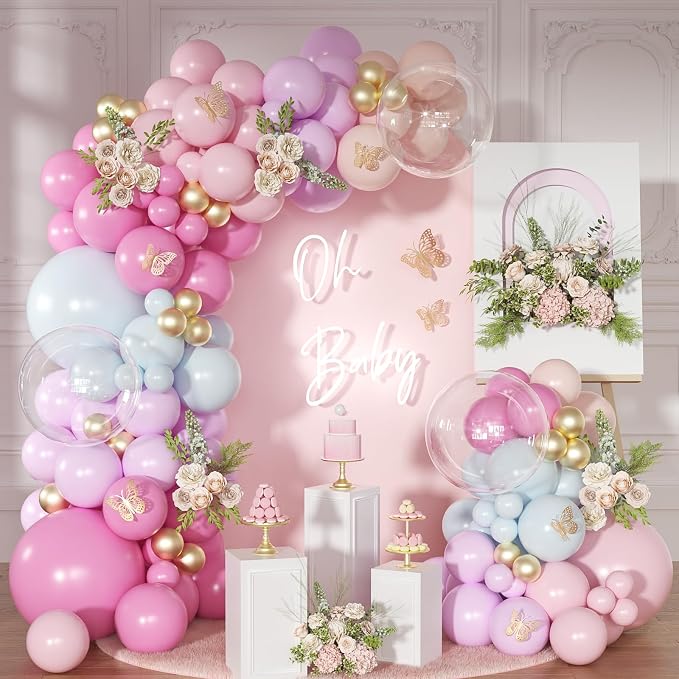 Light Pink and Blue Balloon Arch Kit, Princess Gold Pink Rose Orange Balloon by NUTTYBASH