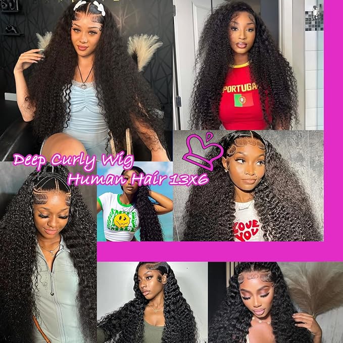 Deep Curly Wig Human Hair 13x6 Deep Wave HD Lace Frontal Wigs for Black Women Human Hair Pre Plucked 210% Density Glueless Wet and Wavy Curly Wig 32Inch