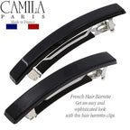 Camila Paris AD2/2 French Hair Barrette Clip for Girls, Set of 2 Black Small Rubberized Metal Clasp Strong Hold Grip Hair Clips for Women, No Slip Styling Girls Hair Accessories, Made in France