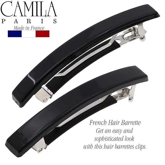 Camila Paris AD2/2 French Hair Barrette Clip for Girls, Set of 2 Black Small Rubberized Metal Clasp Strong Hold Grip Hair Clips for Women, No Slip Styling Girls Hair Accessories, Made in France