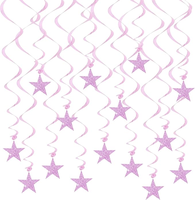 BEISHID Pink Glitter Stars Hanging Swirls Pre-Strung Stars Hanging Decorations by Beishida