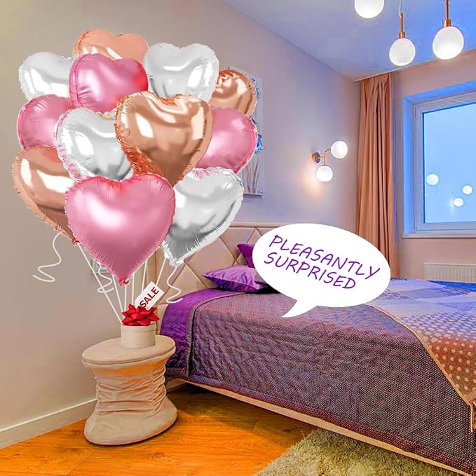 Rose Gold & Silver Heart Balloons，18 Inch Light Pink Foil Love Heart Shaped - Image 4