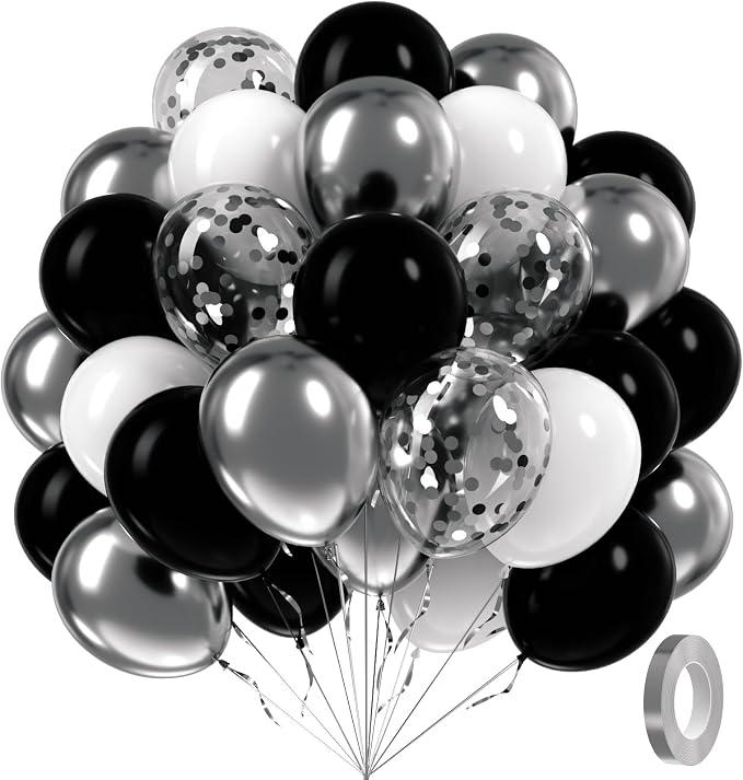 60pcs Black and Silver Balloons 12inch by Awenztech