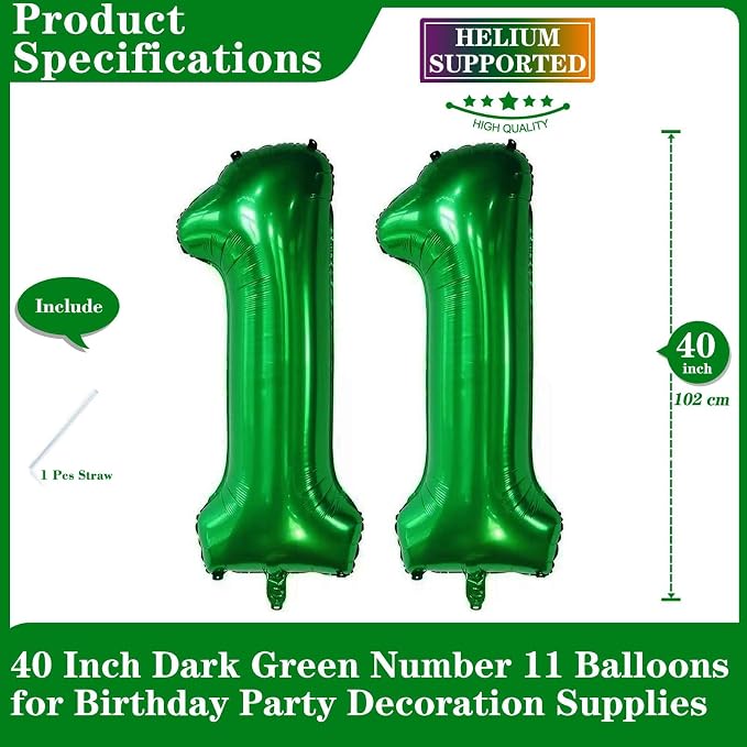 Dark Green 11 Number Balloons, 40 Inch Giant Number 11 Balloons Foil Mylar - Image 2