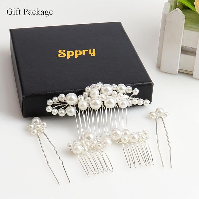 Pearl Hair Combs and Hair Pins for Bridal Women, Decorative Hair Accessories for Wedding Prom, Set of 5 (Silver)