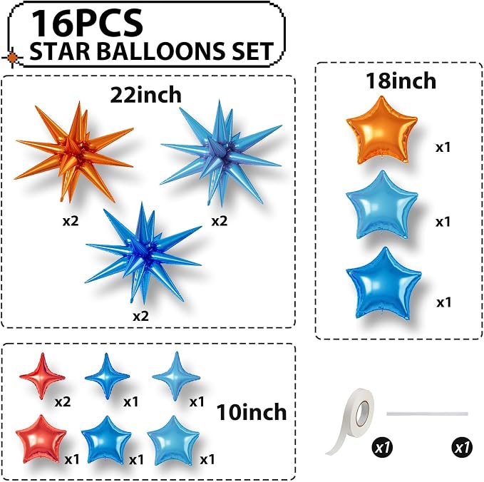 Orange and Blue Star Balloons, 22/18/10 Inch Foil Balloons, Four-Pointed Balloon - Image 2