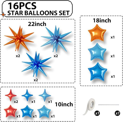 Orange and Blue Star Balloons, 22/18/10 Inch Foil Balloons, Four-Pointed Balloon - Image 2
