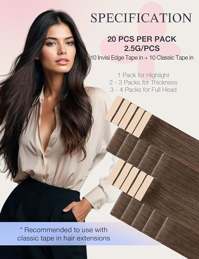 DOORES Invisi Edge Tape in Hair Extensions Human Hair, Chocolate Brown 10 Injection Tape-ins with 10 Classic Tape-ins 50g 14 Inch, Virgin Human Injected Tape in Extensions