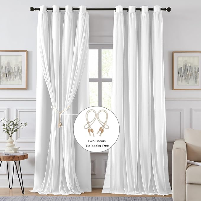 100% Blackout Curtains for Bedroom, Double Layer White Curtains, Room Darkening - Image 2