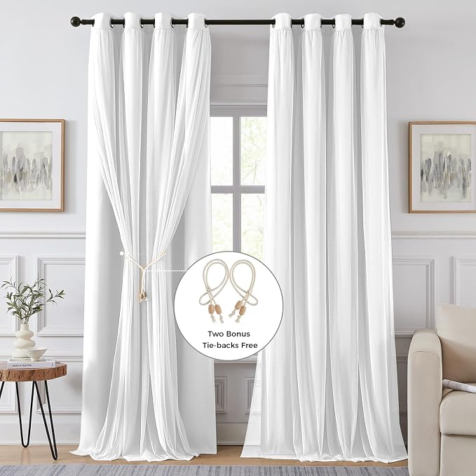 100% Blackout Curtains for Bedroom, Double Layer White Curtains, Room Darkening - Image 2