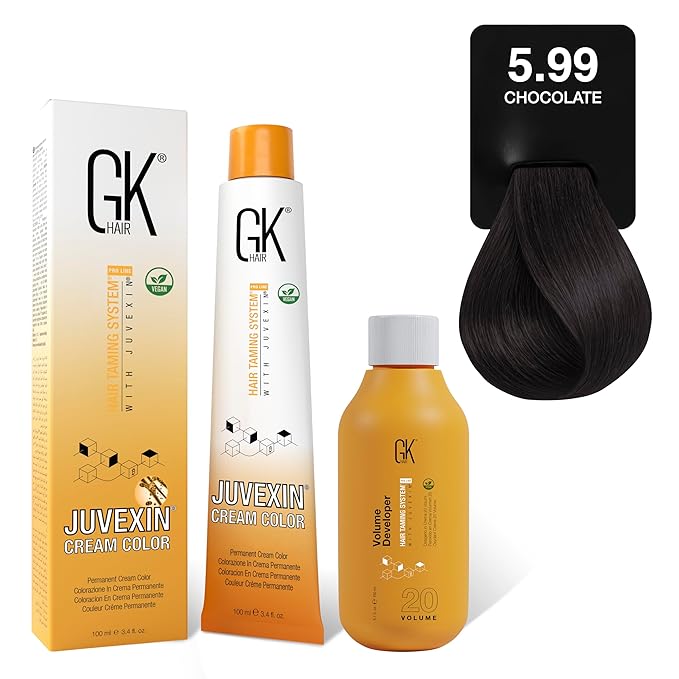 GK HAIR Global Keratin Chocolate 5.99 Hair Color Cream Tube (3.4 Fl Oz/100ml) + 20 Volume Developer (5 Fl Oz/150ml) - Professional Permanent Long Lasting Toner Dye