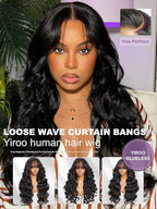YIROO Pre Everything 13X4 HD Lace Front Real Scalp Glueless Wig Human Hair Wigs Loose Body Wave with Face Framing Curtain Bangs Pre Plucked Pre Cut Lace Pre Bleached Knots Wig Bye Bye Knots 20Inch