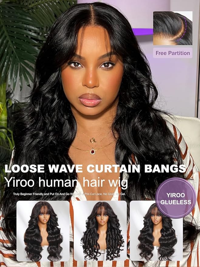 YIROO Pre Everything 13X4 HD Lace Front Real Scalp Glueless Wig Human Hair Wigs Loose Body Wave with Face Framing Curtain Bangs Pre Plucked Pre Cut Lace Pre Bleached Knots Wig Bye Bye Knots 20Inch