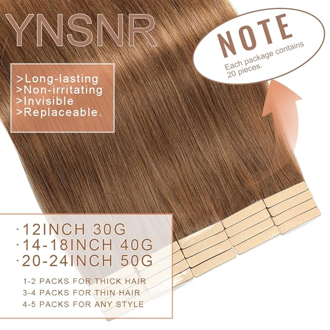 Tape in Hair Extensions Human Hair 16 Inch 20pcs Invisible Tape ins Hair Extensions Real Human Hair Tawny Brown Remy Seamless Injected Tape Extensions