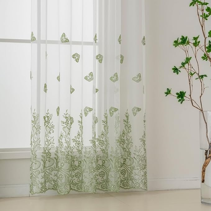 White Sheer Voile Curtains Green Embossed Butterflies 72 Inches | Light - Image 5