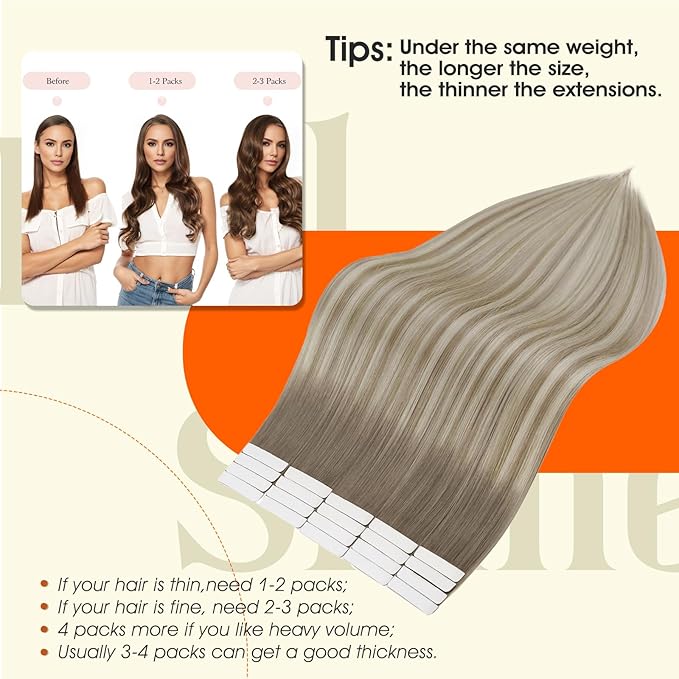 Full Shine Tape in Hair Extensions 20Inch Tape in Extensions Color 19/8/60 Grey Fading to Ash Brown And Blonde Remy Tape ins Human Hair Seamless Skin Weft for Women 50G Straight Hair Extensions 20Pcs