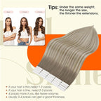 Full Shine Tape in Hair Extensions 20Inch Tape in Extensions Color 19/8/60 Grey Fading to Ash Brown And Blonde Remy Tape ins Human Hair Seamless Skin Weft for Women 50G Straight Hair Extensions 20Pcs