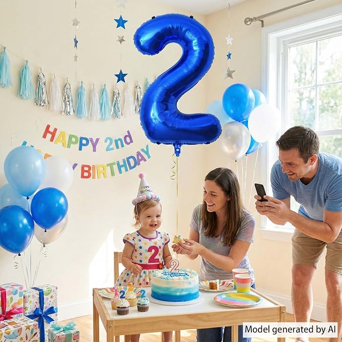 Navy Blue Number 2 Balloon 40 Inch, Shiny Metallic Foil Digit Party Supplies | - Image 3