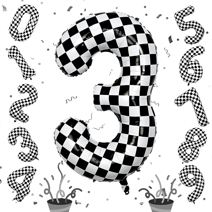 3rd Birthday Number Balloons for Boys, 40 Inch Checkered Racing Foil 3 Balloons by Isndare