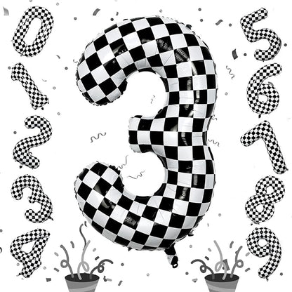 3rd Birthday Number Balloons for Boys, 40 Inch Checkered Racing Foil 3 Balloons by Isndare