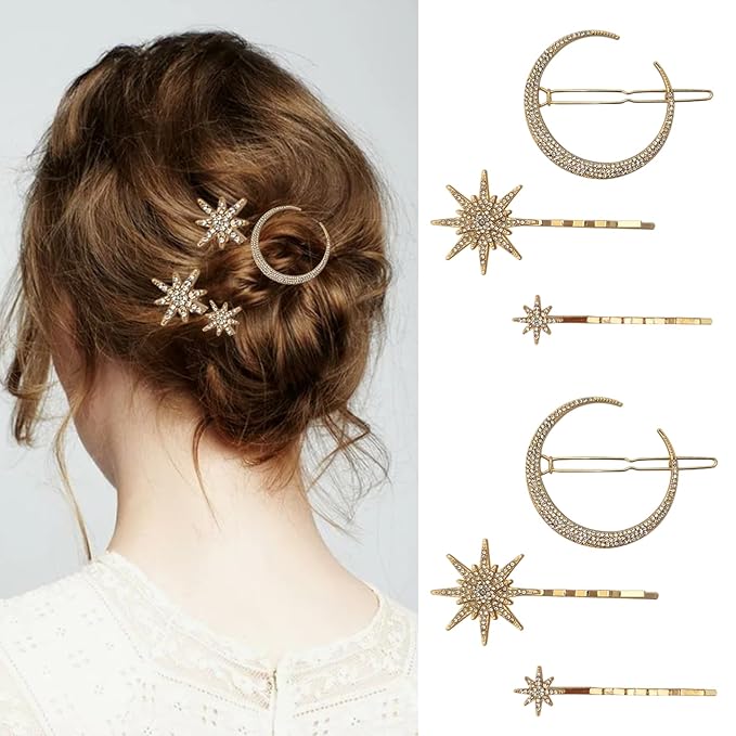 6 Pieces Rhinestone Stars Moon Hair Clips Vintage Star Hairpins Crystal Decorative Bobby Pins Metal Alloy Hair Pins Snowflake Side Clip Hair Accessories for Women Girls (Gold)