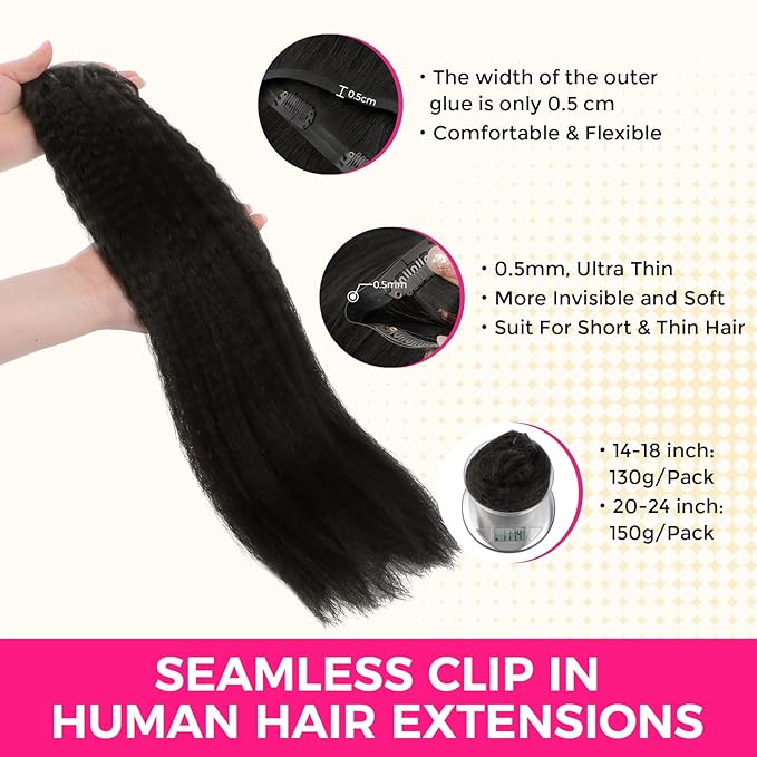 Lashey Clip in Hair Extensions Real Human Hair 150g Kinky Straight 9pcs Seamless Clip in Hair Extensions, 22 Inch #1B Natural Black 100% Real Soft Human Hair for Women