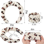 Zkptops Spa Headband for Washing Face Wristband Set Sponge Makeup Skincare Headband Wrist Plush Bubble Get Ready Hairbands for Women Puffy Headwear Non Slip Thick Thin Hair Accessory(Beige Leopard)