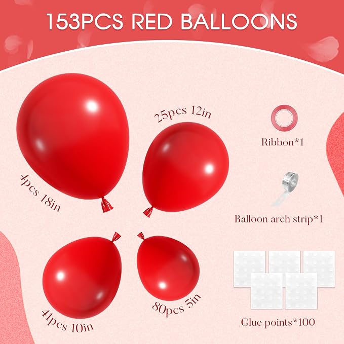 Amandir 153pcs Red Balloons Arch Garland Kit Different Sizes | 18 12 10 5 Inch - Image 3