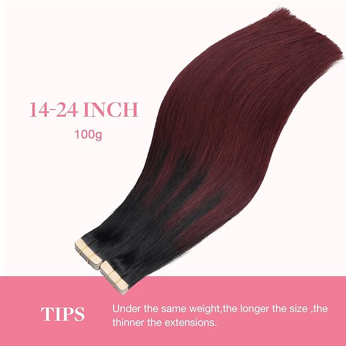 GOO GOO Tape in Hair Extensions Human Hair, 1/99 Balayage Jet Black to Red, 26inch 120g 40pcs, Skin Weft Seamless Invisible, Silky Straight with Thick Ends, Remy Human Hair