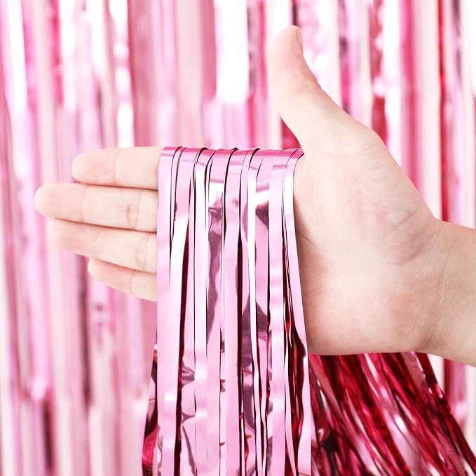 Voircoloria 3 Pack 3.3 x 8.2 ft Light Pink Foil Fringe Backdrop Curtains - Image 2