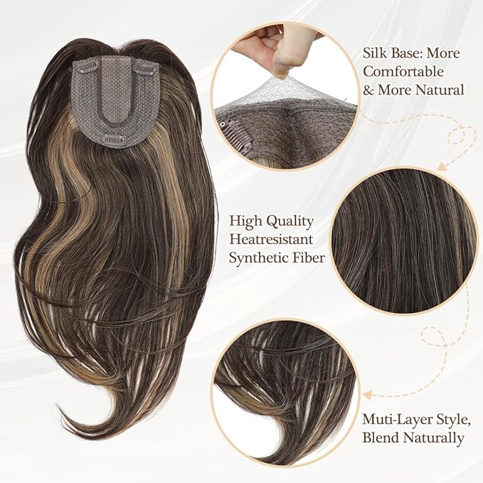UDU Hair Toppers for Women: Synthetic Fiber, Ash Brown, Multi-layer, Long Straight Wavy, Clip in Wiglets with Fringe Bangs