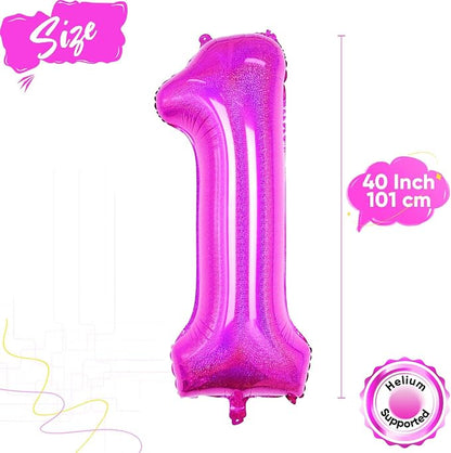 Hot Pink 1 Balloon, 40 Inch Large Laser Hot Pink Foil Helium Number Balloons 0-9 - Image 2