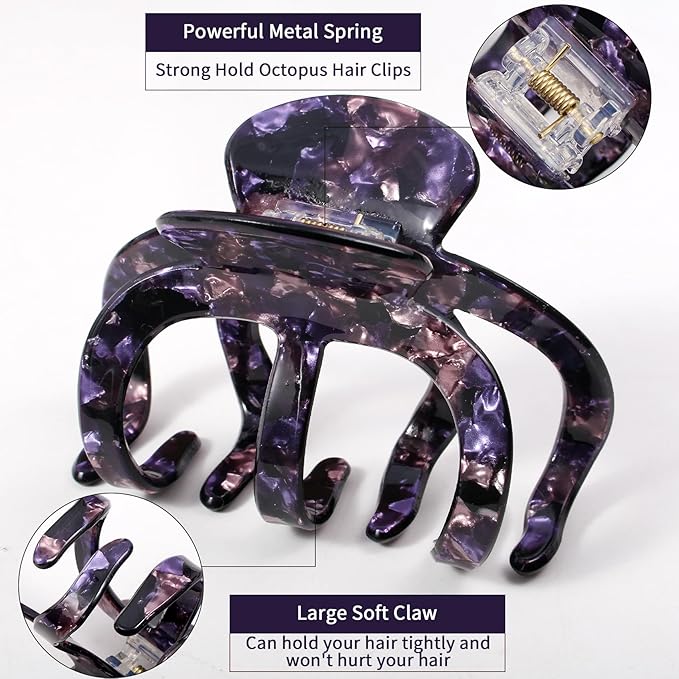 Large Octopus Hair Clips for Women with Thick Hair, Tortoise Shell Octopus Claw Clips | Non-Slip Strong Hold Jaw Clamps, Fashion Hair Barrettes & Bobby Pins