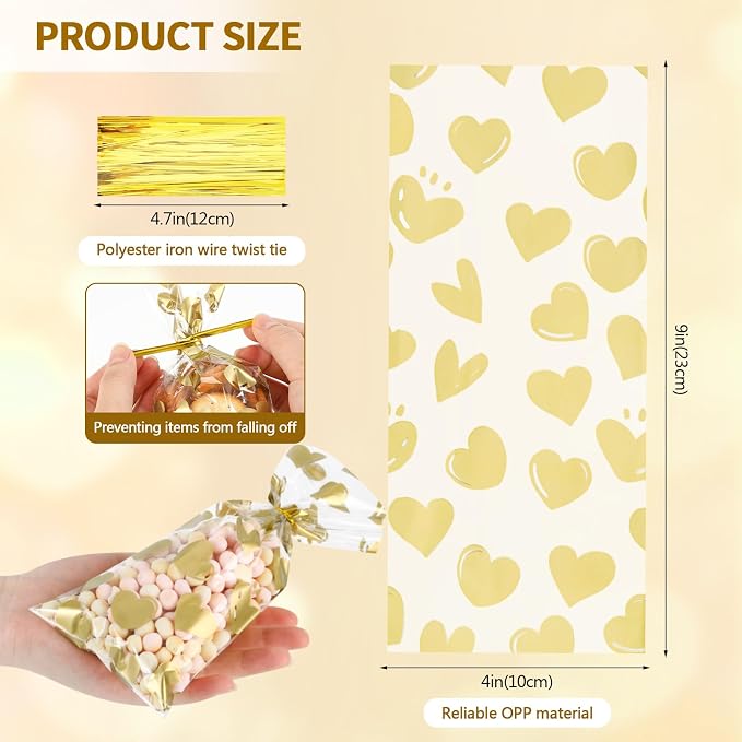 COQOFA 100 Pcs Gold Heart Cello Cellophane Treat Bags - Image 2
