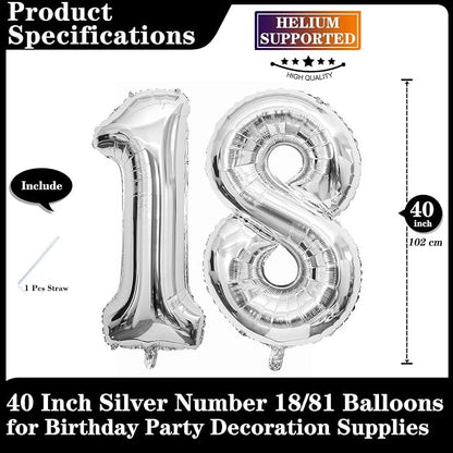 Silver 18 Number Balloons, 40 Inch Giant Number 18 Balloons Foil Mylar Helium - Image 2