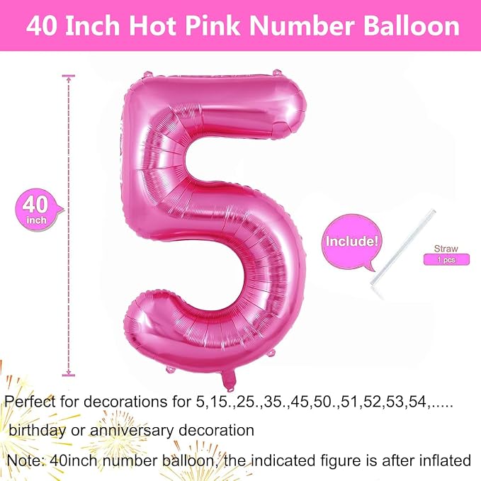 Pink Number Balloons, Large Hot pink Number 5 Balloon 40 Inch Pink 5 Balloon - Image 2