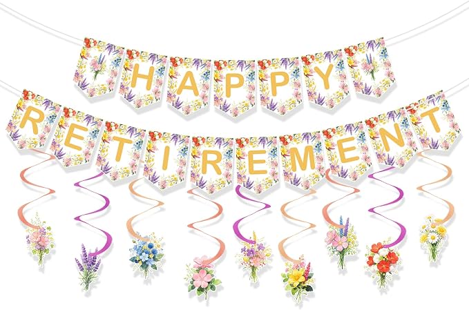 Wildflower-Themed Women's Retirement Party Decoration Banner, Happy Retirement by Unknown