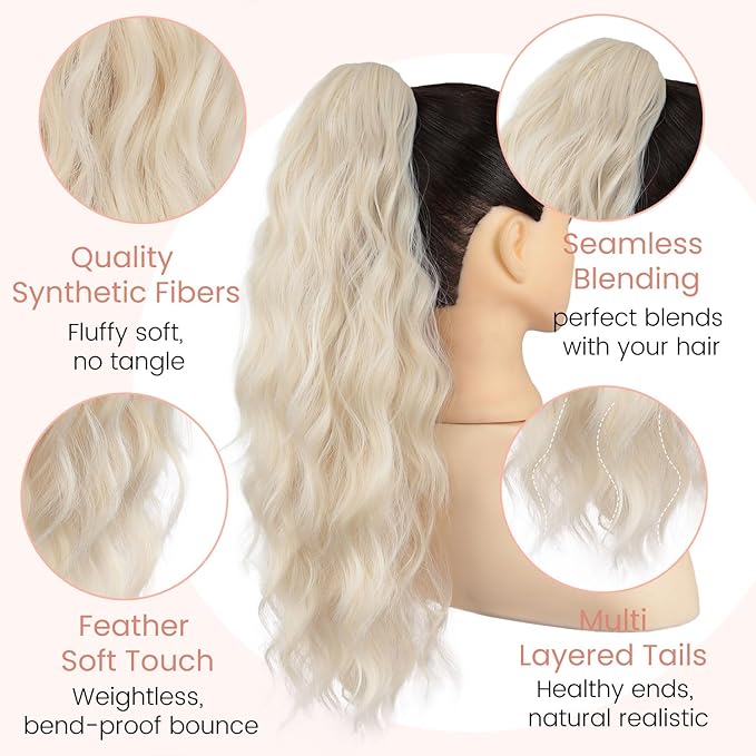 Claw Wavy Ponytail Extension 18 Inch for Women Curly Pony Tail Clip in Hair Extensions Shoulder Length Fluffy Natural Looking Synthetic Hairpiece for Daily Use (Ash Blonde)