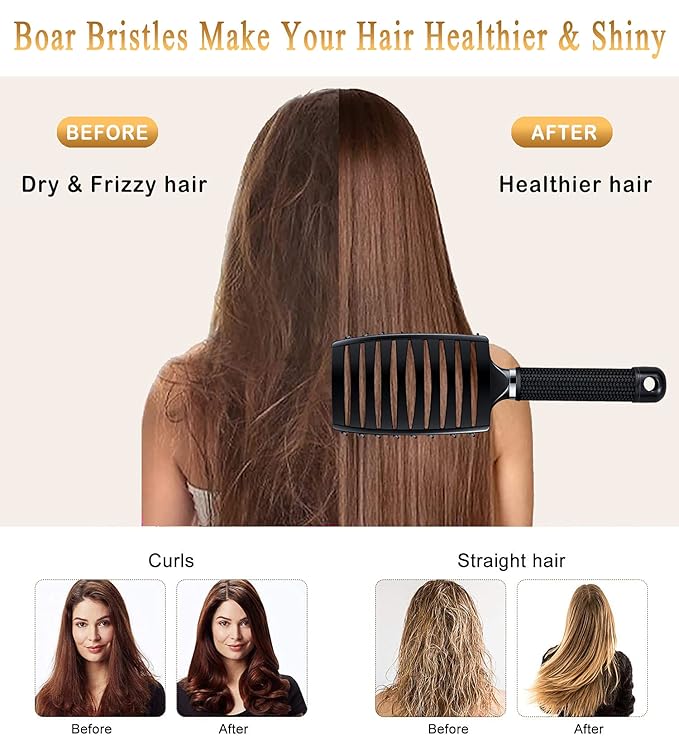 Detangling Brush Boar Bristles Set KTKUDY Hair Brush Curved and Vented Detangler Brush for Women Men Kids Wet and Dry Hair (Black&White)