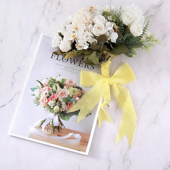 KEOSREE 3 Rolls Cream Yellow Handmade Chiffon Ribbon, 1.5" x21Yd | Frayed - Image 4