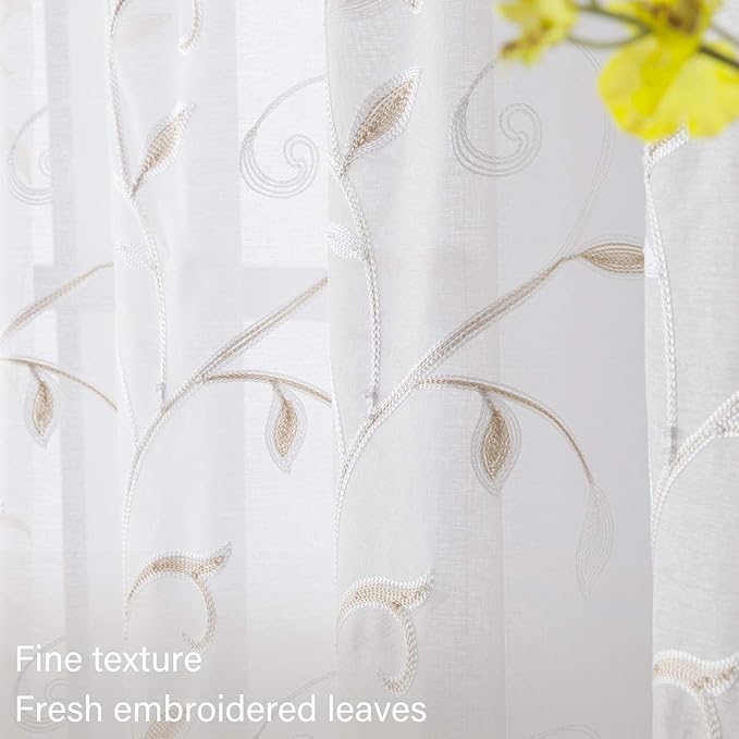 White Sheer Curtains Beige Embroidered Leaves 2 Panels 54Wx63L | Light - Image 3