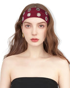 Grommet Headband for Women, Wide Burgundy 20cm Hollow Out Elastic Hair Band, Eyelets Punk Grunge Stylish Hairband