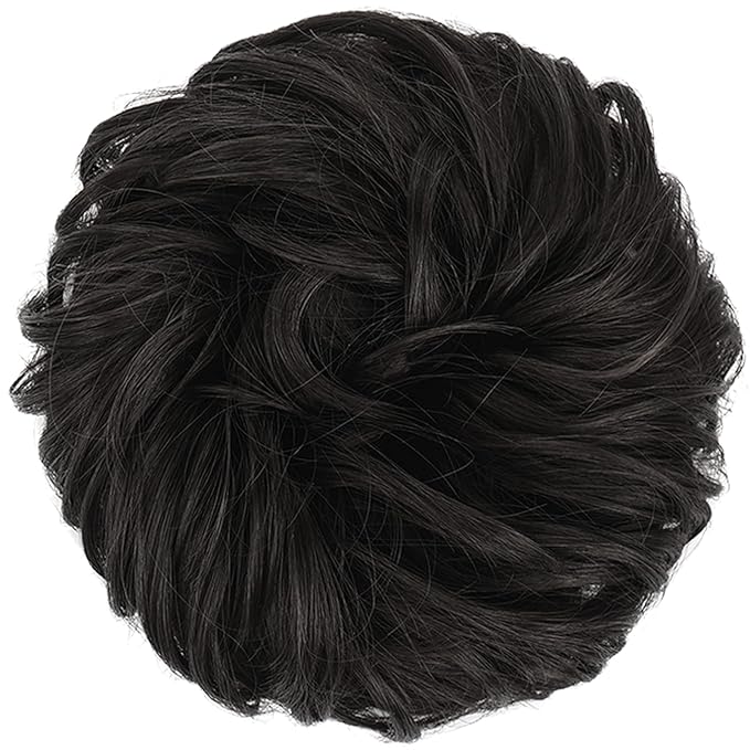 FESHFEN Messy Bun Hair Piece - Large Elastic Wavy Curly Hair Bun Scrunchies Ponytail Extensions Synthetic Chignon Hairpieces for Women, Black Brown 1.94oz