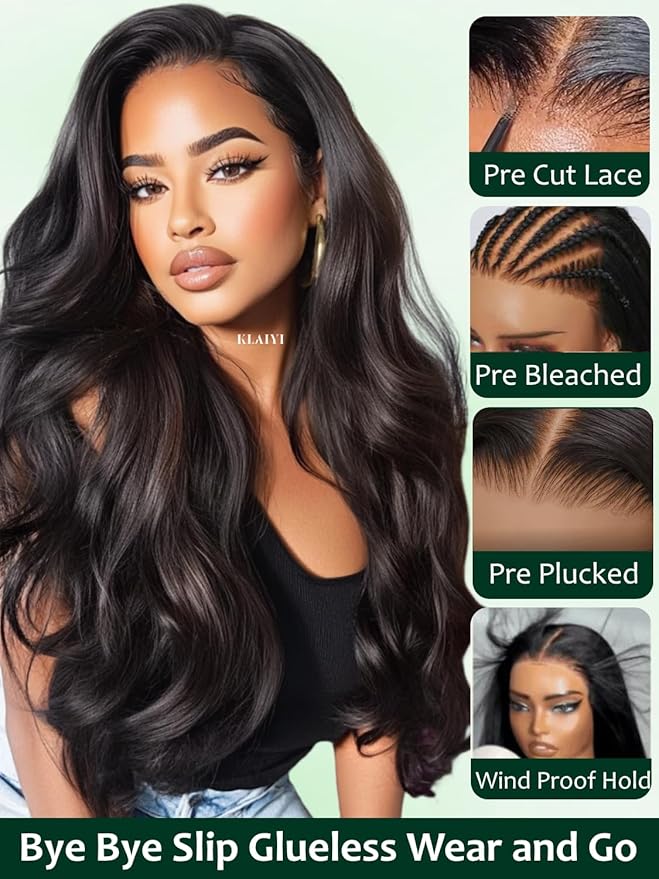 KLAIYI Bye Bye Slip™ Loose Body Wave Wig Layer Side Part 200% Density 7X5 Pre Cut Lace Front Wigs Human Hair Drawstring Glueless 30S Ready to Wear and Go Beginner Wig Pre Plucked Bleached Knots 12Inch