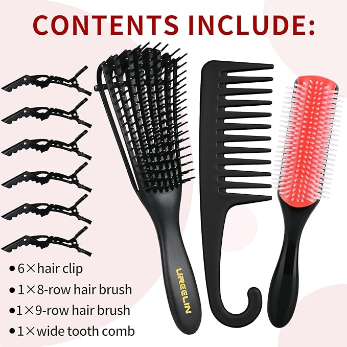 Hair Brush set for Curly, Detangling Hair Brush for Afro America/African Hair Textured 3a to 4c, Detangler Brush for Women Men Kids Styling Defining (Black)