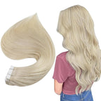 Full Shine Blonde Tape in Hair Extensions Human Hair 18 Inches Color Platinum Blonde 60 Double Sided Tape ins Human Hair Extensions Invisible Skin Weft 20Pieces 50Grams for Women Soft