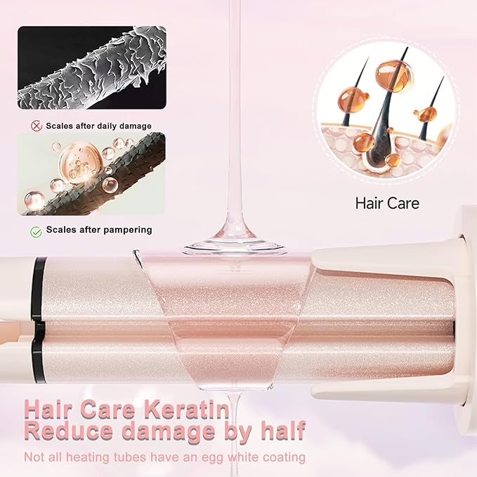 3 in 1 Hair Curler Automatic Rotating - Automatic Curling Iron with 3 Curling Barrels (1.1" - 1.25" - 1.5"), Rotating Curling Iron with 3 Temp - Anti-Scald，Tangle-Free，Lightweight for Travel（Pink）