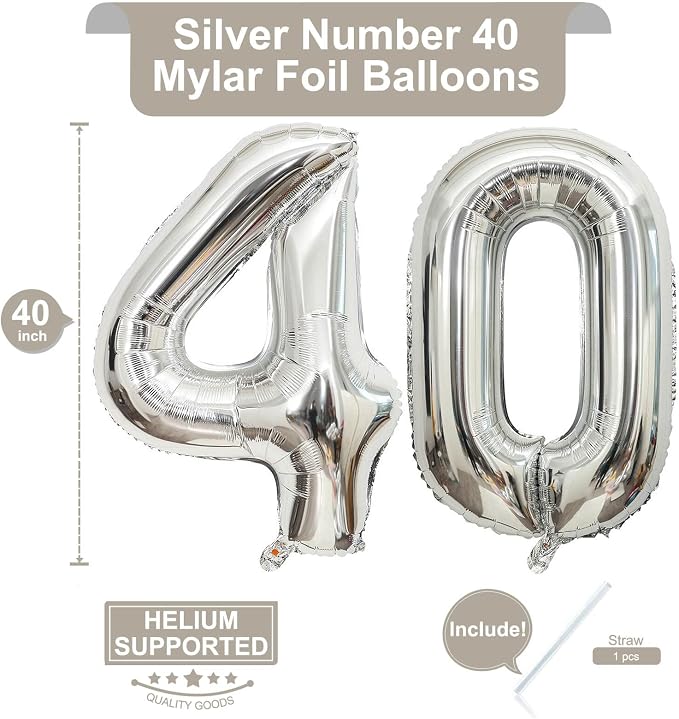 40 Inch Silver 40 Number Balloons Giant Jumbo Huge 40 Foil Mylar Helium Number - Image 2