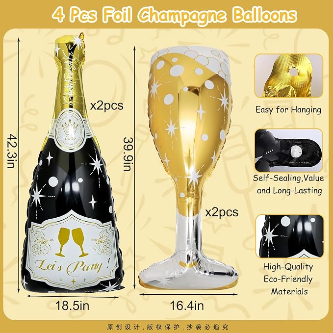 4 Pcs Champagne Balloons, Huge Black Gold Champagne Bottle Goblet Aluminum Foil - Image 6
