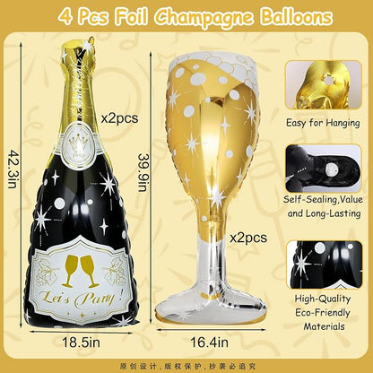4 Pcs Champagne Balloons, Huge Black Gold Champagne Bottle Goblet Aluminum Foil - Image 6